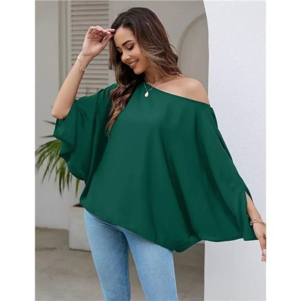 Off Shoulder Flowy Top Casual Batwing Sleeve Blouse Loose Chiffon Shirt Women - Picture 3 of 6